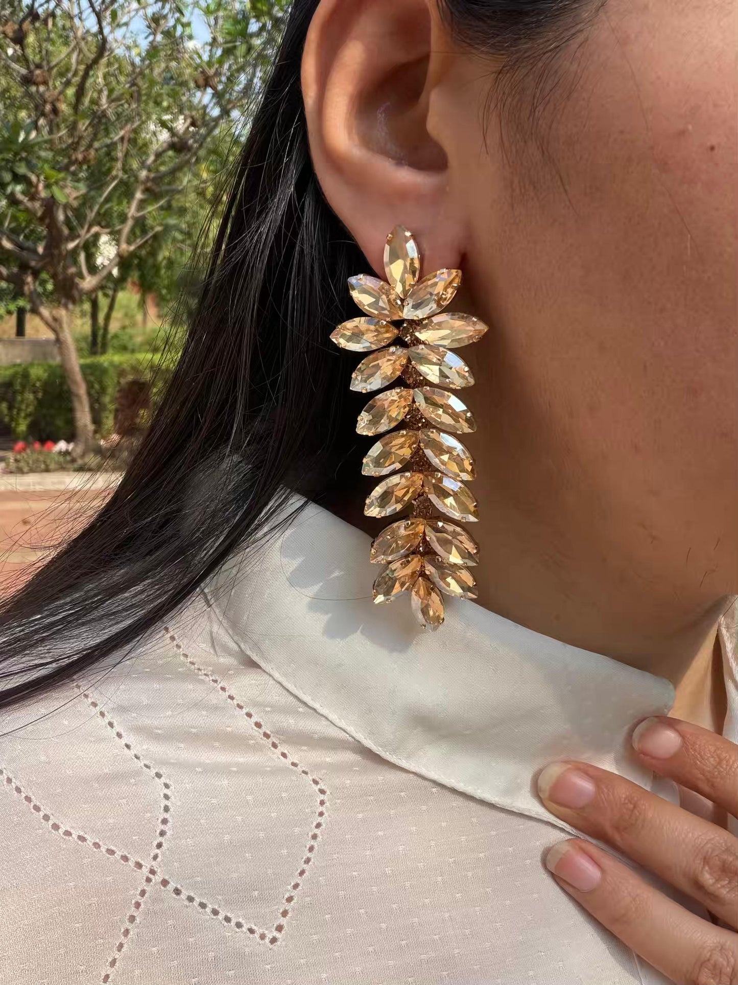Floral Style Golden Colour Long Gold Plated Earrings