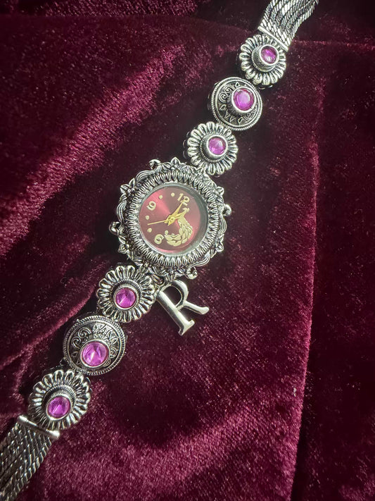 Royal Gulab Inspired Silver-Tone Navratri Oxidised Heritage Watch