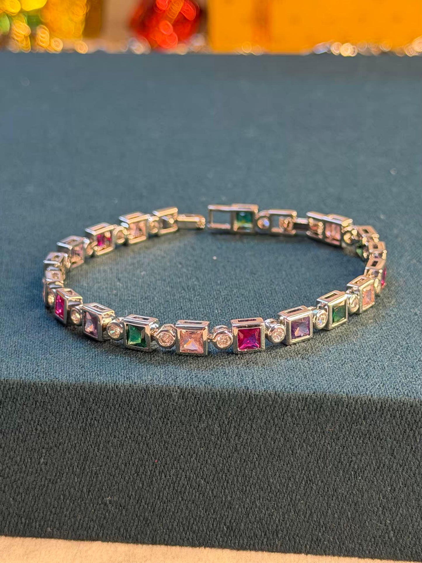 Multicolour Cushion Halo Silver Plated Tennis Bracelet