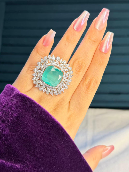 Emerald Auror Silver Plated Premium Ring (Adjustable)