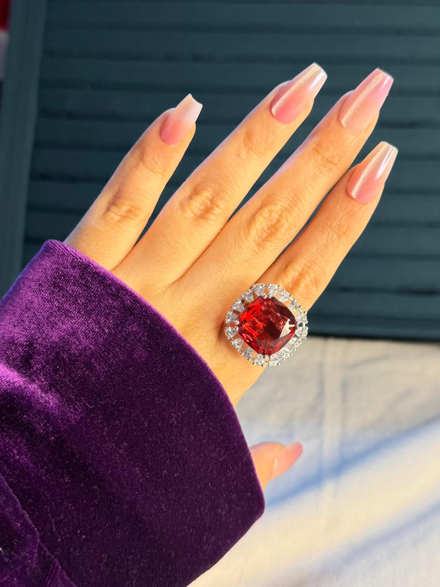 Red Square Statement Silver Plated Premium Ring (Adjustable)