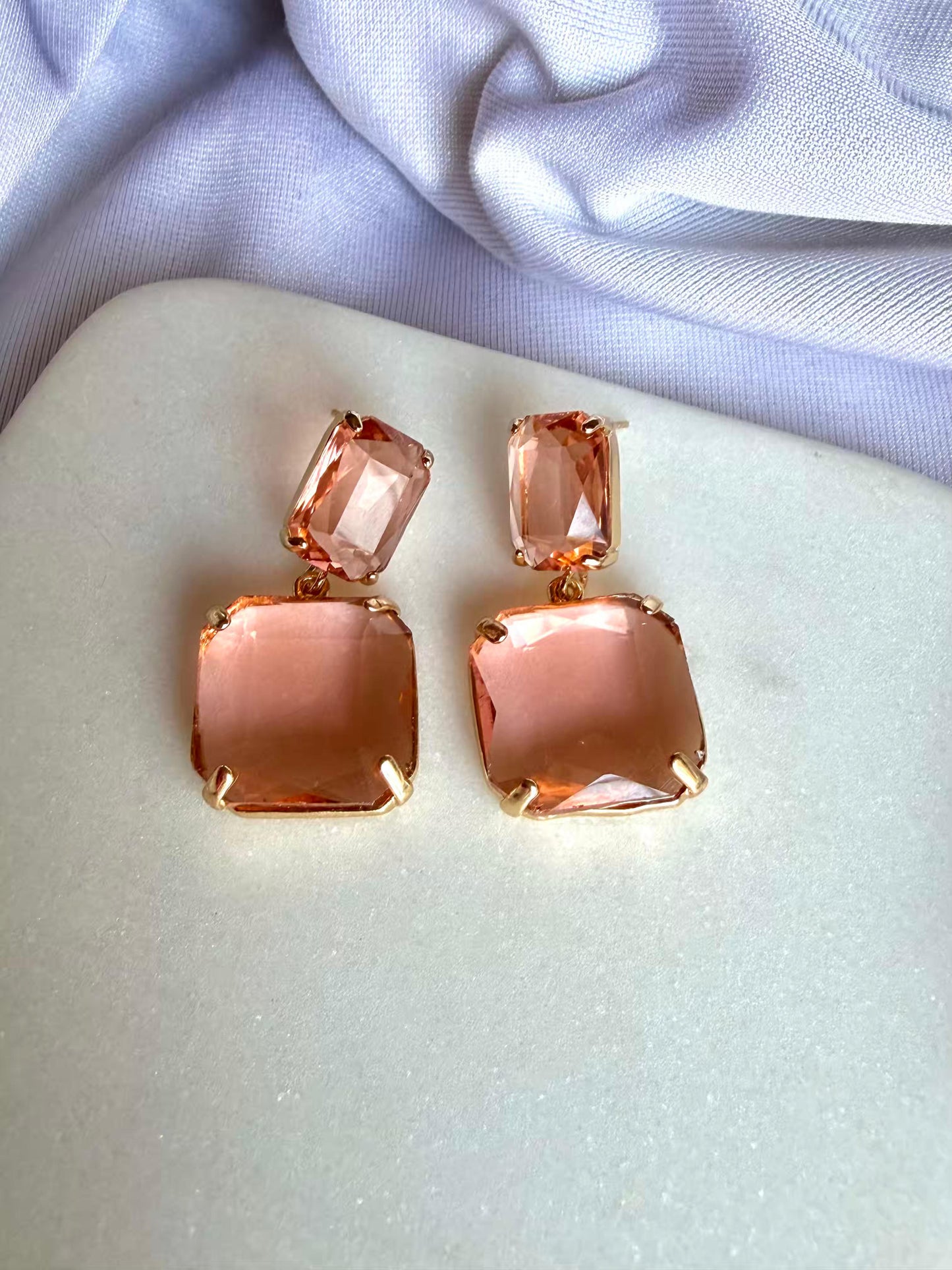 Peach Colour Prism Gold Plated Earrings