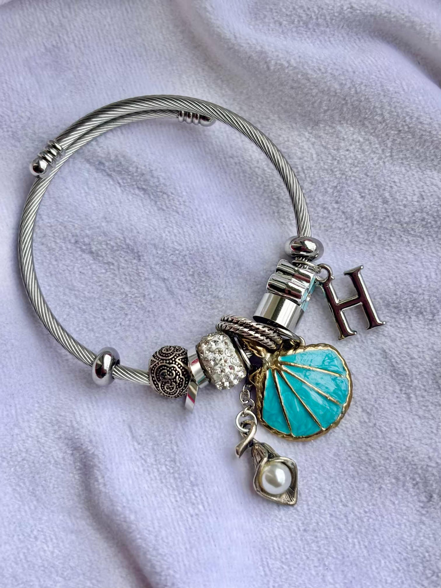 Pandora Charms Coral Blue Bracelet With Customised Initial ( Silver )