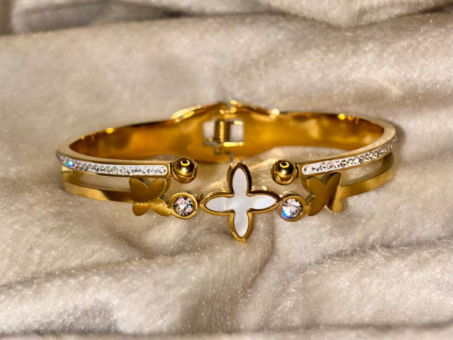 For Thin Wrist White Studded Clover Bangle 18K Gold plated Premium Bangle 2.2 - 2.4 Size