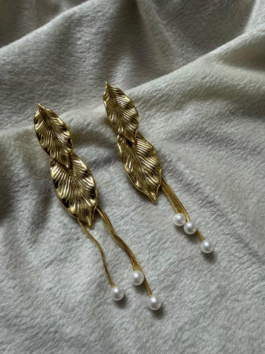 Leaf Pearl Dangle Gold Plated Earrings