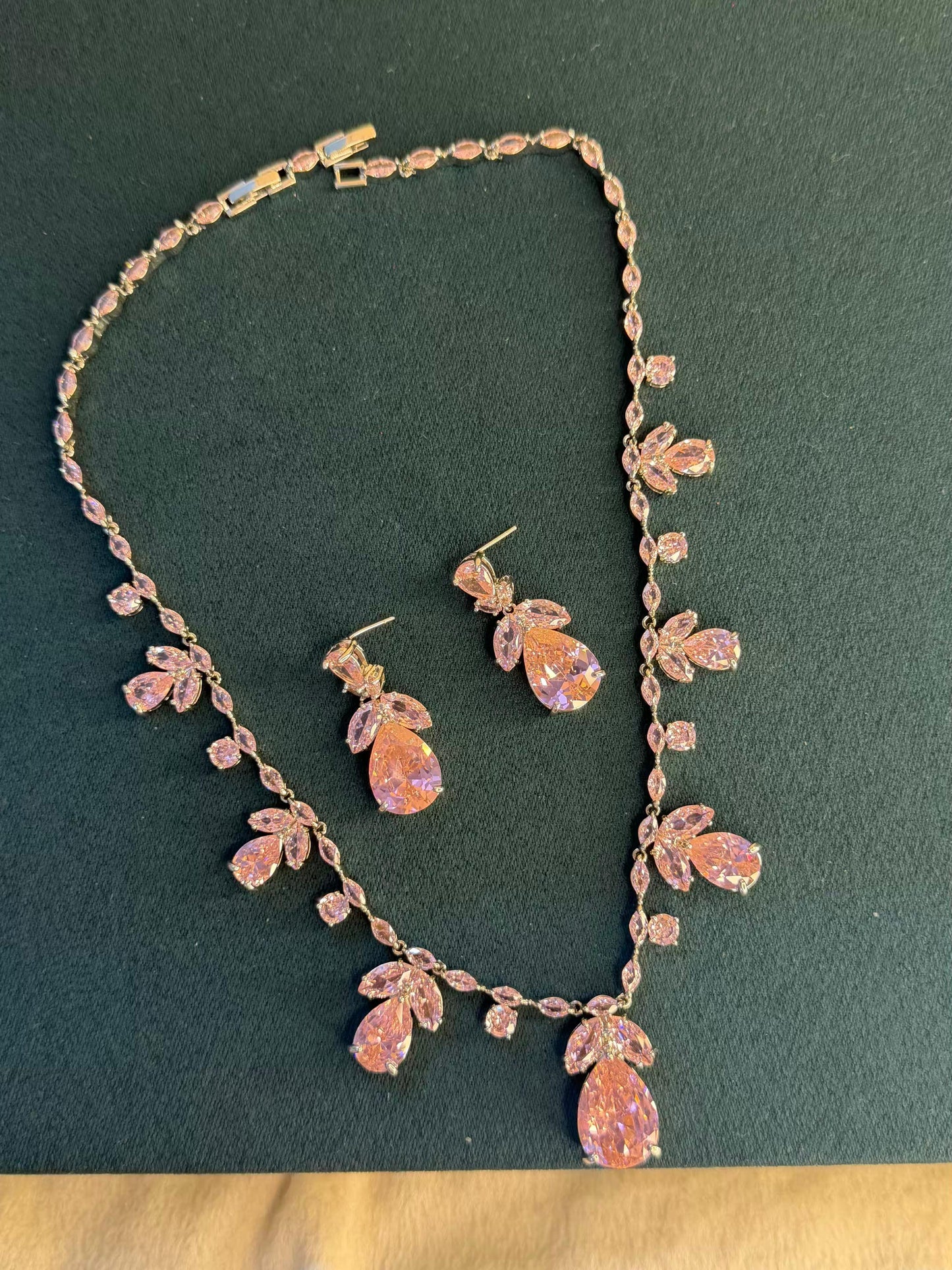 Pink Floral Rhodium Plated Necklace Set with Earrings