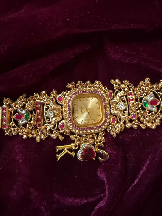 Ruby Heart Charm Golden Square Dial Maharani Watch Bracelet