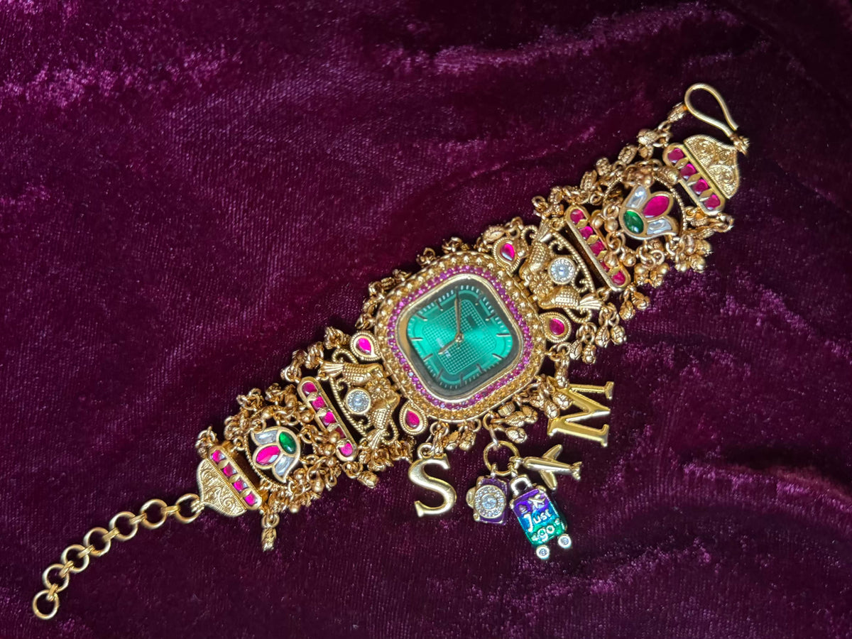 Emerald Green Stone Pink Halo Square Dial Maharani Watch Bracelet