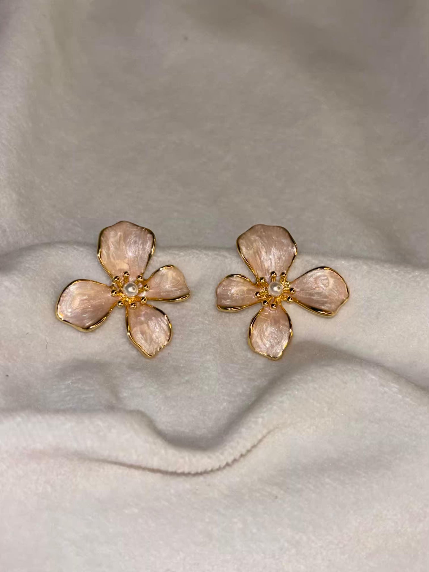 Beige Flower Earrings 18K Gold Plated Premium Earrings