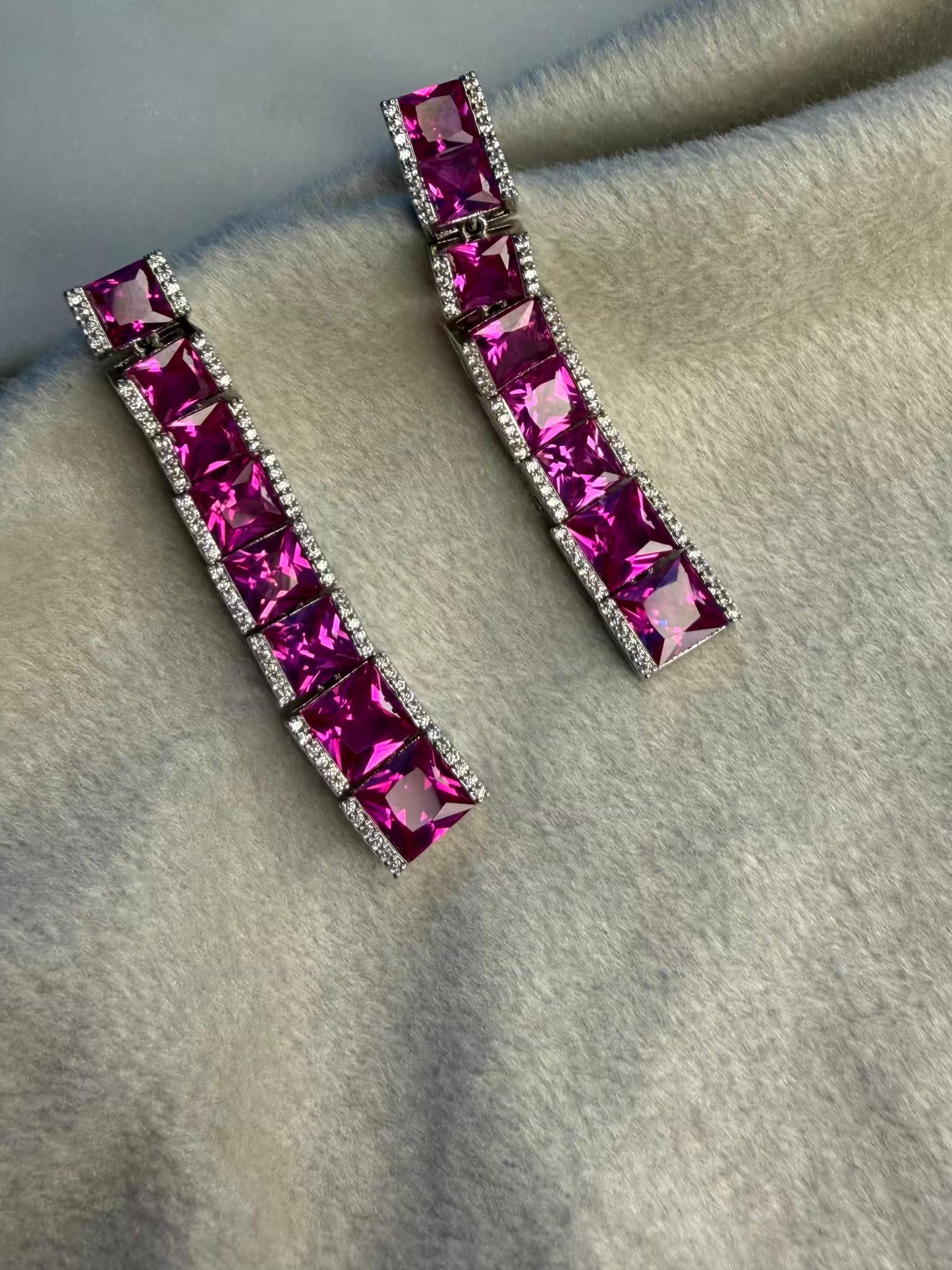 Magenta Ruby Linear Luxury Party Wedding Rhodium Silver Plating Earrings
