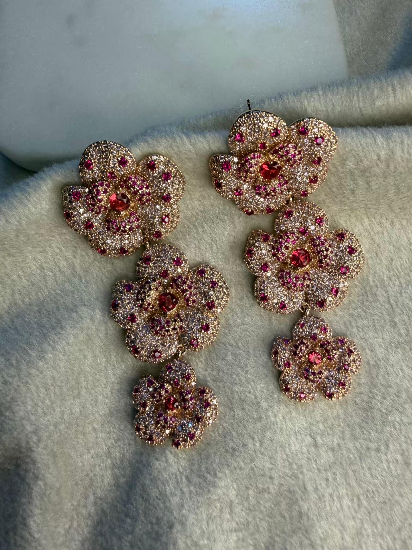 Pink Ruby Crystal Luxury Party Wedding Rhodium Gold Plating Earrings