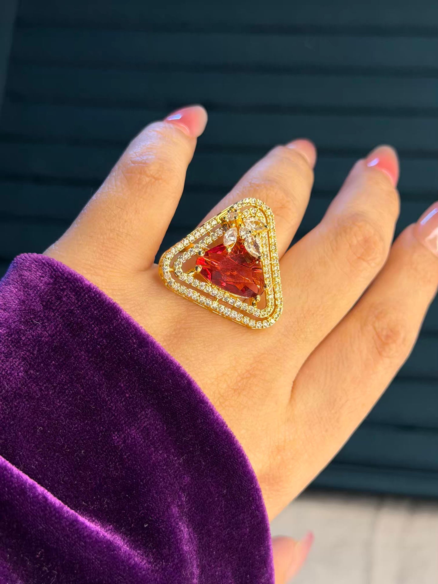 Red Triangle Stone Gold Plated Premium Ring (Adjustable)
