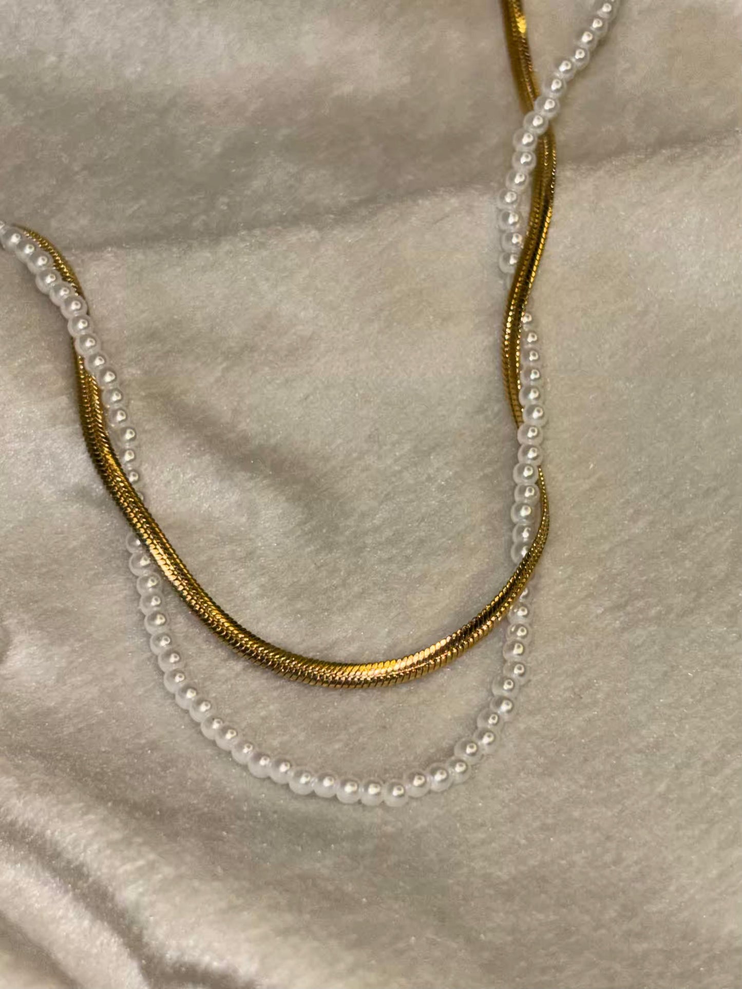 Dual Layered Pearl Snake Chain Necklace 18K Gold Plated Premium Necklace