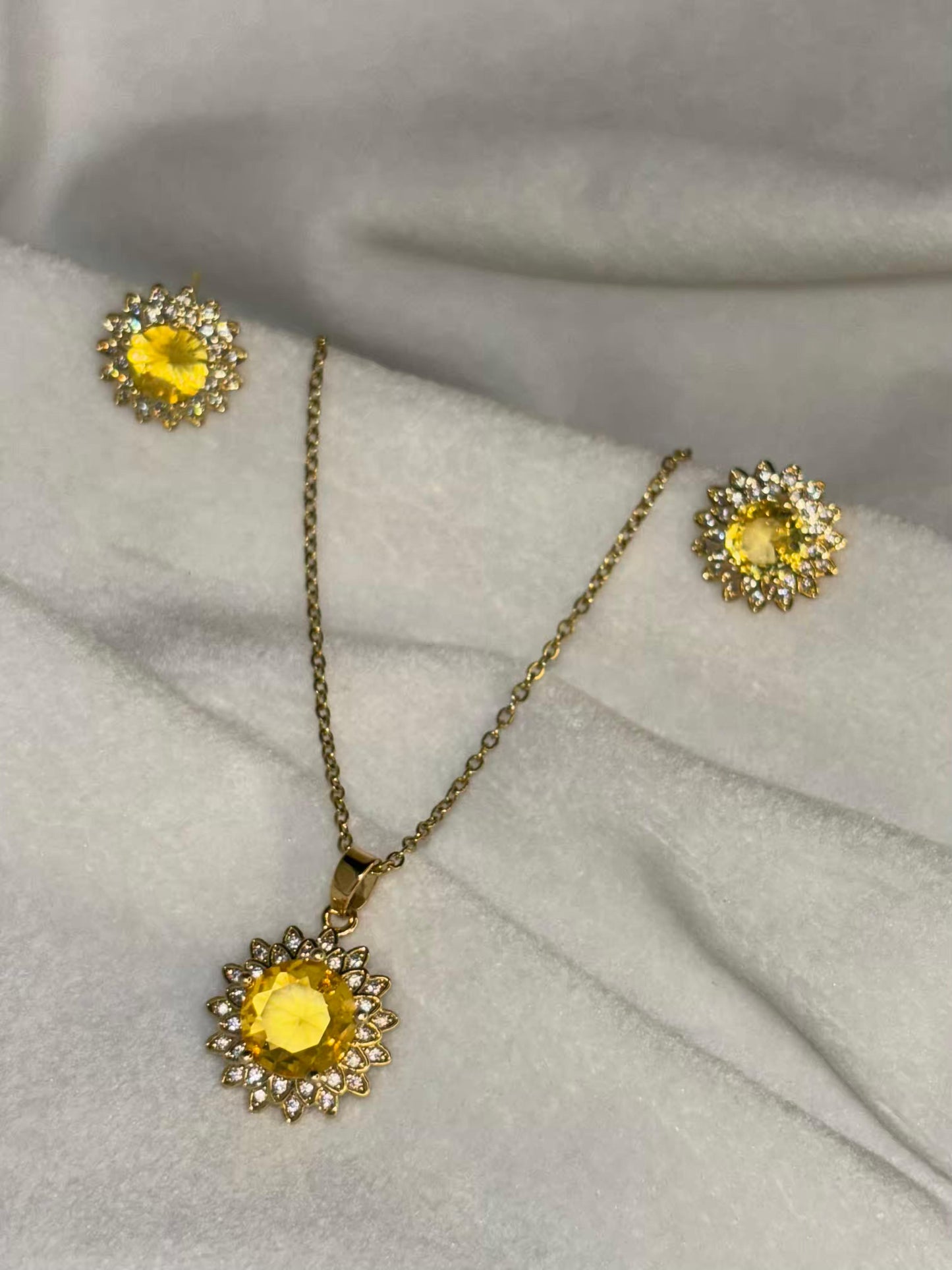 Yellow Bloom Diamond Necklace And Studds 18K Gold Plated Premium Necklace
