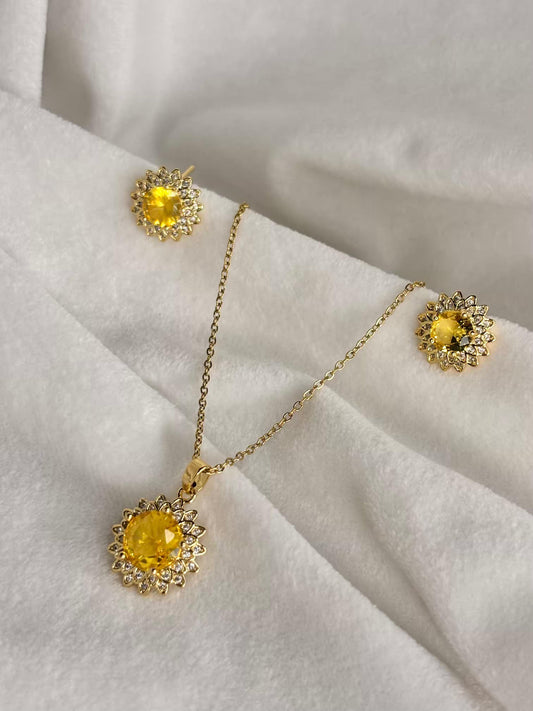 Yellow Bloom Diamond Necklace And Studds 18K Gold Plated Premium Necklace