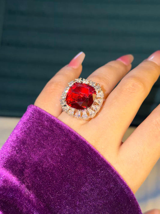 Red Square Statement Silver Plated Premium Ring (Adjustable)