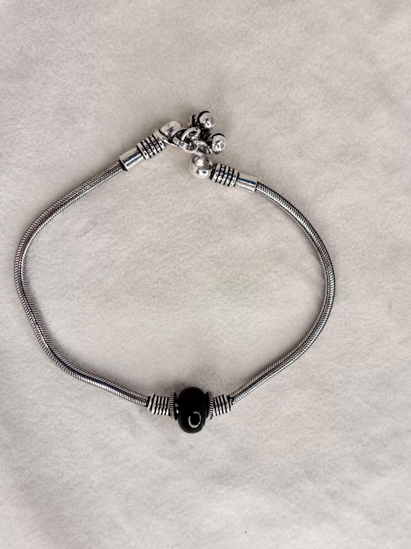 Black Beaded Silver Premium Anklet Payal with Silver hooks
