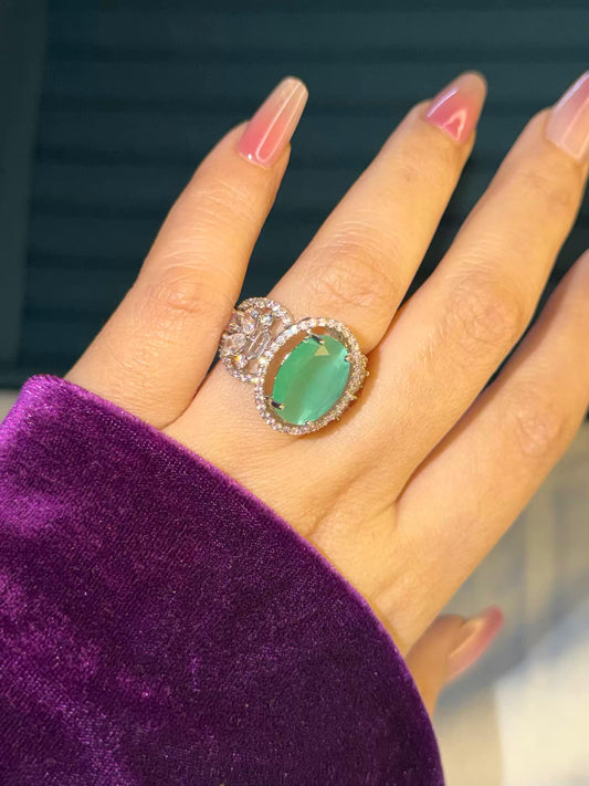 Pastel Green Empress Silver Plated Premium Ring (Adjustable)