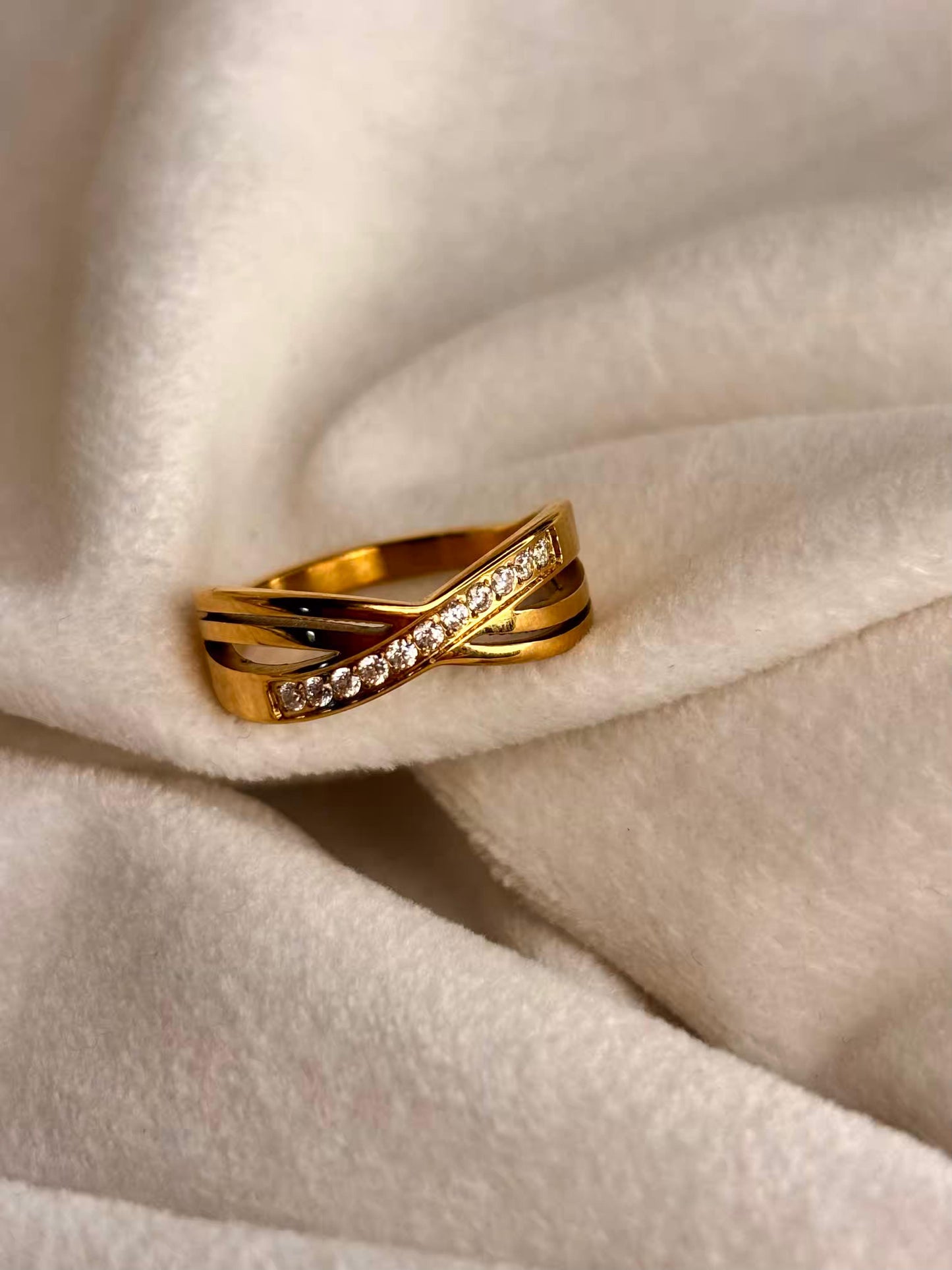 Thick Criss Cross studded Ring 18K Gold plated Ring