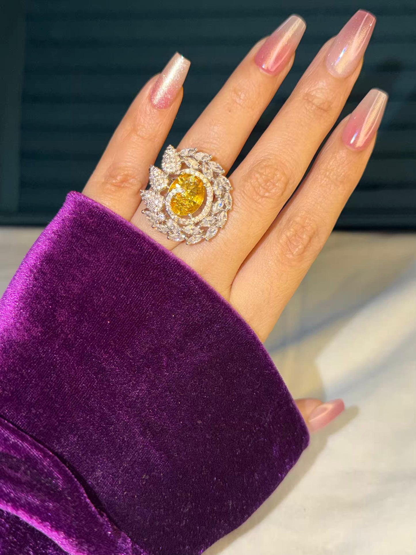 Golden Solara Bloom Silver Plated Premium Ring (Adjustable)