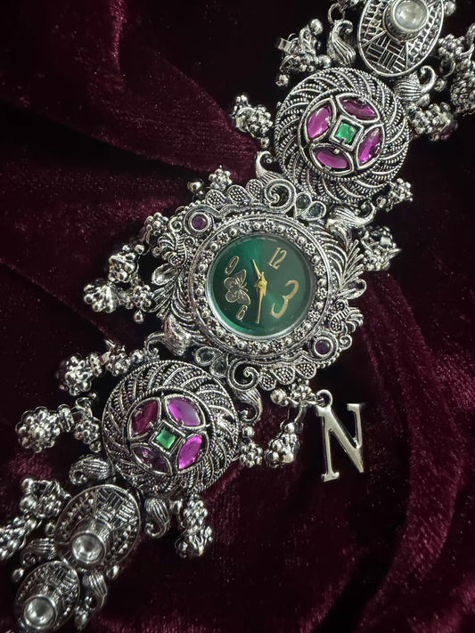 Garnet Silver-Tone Navratri Oxidised Heritage Watch