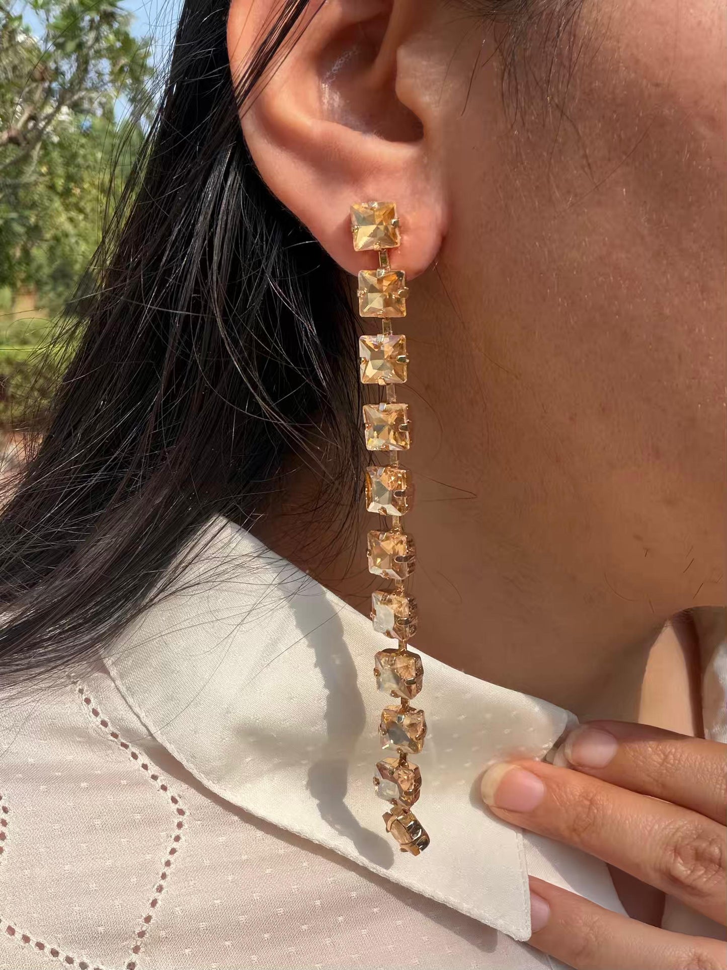 Square Shaped Golden Long Gold Plated Earrings