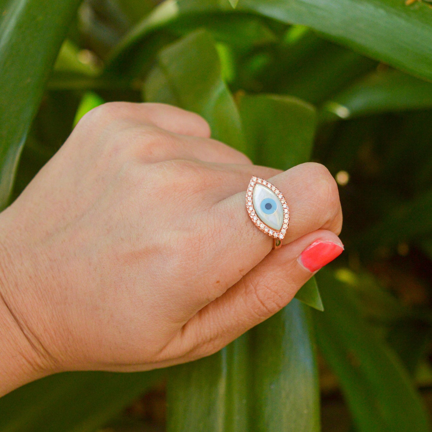 Rose Gold Mother of Pearl Evil Eye Ring