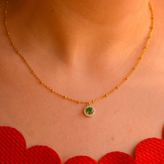 Silver Green Emerald in Gold Beaded Chain Necklace