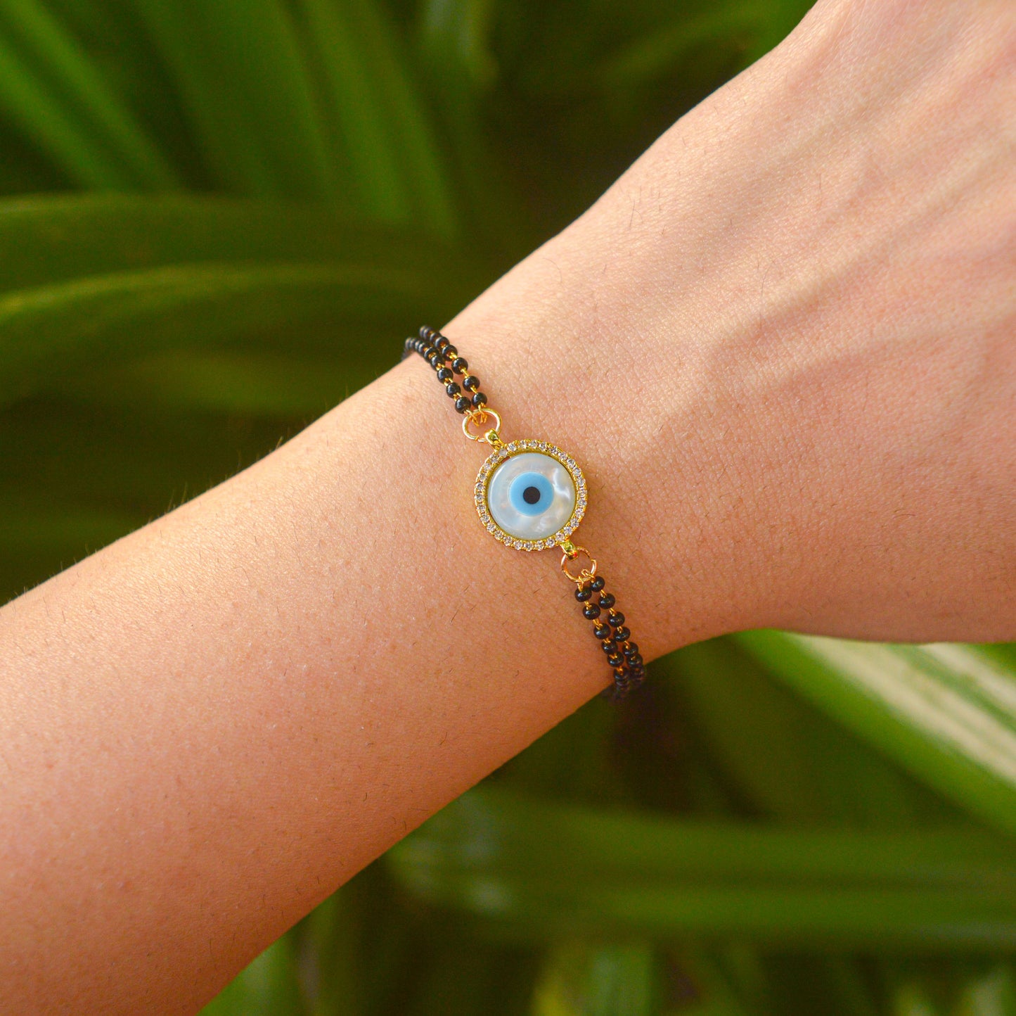 Round Pearl Evil Eye Double Mangalsutra Bracelet ( Gold )