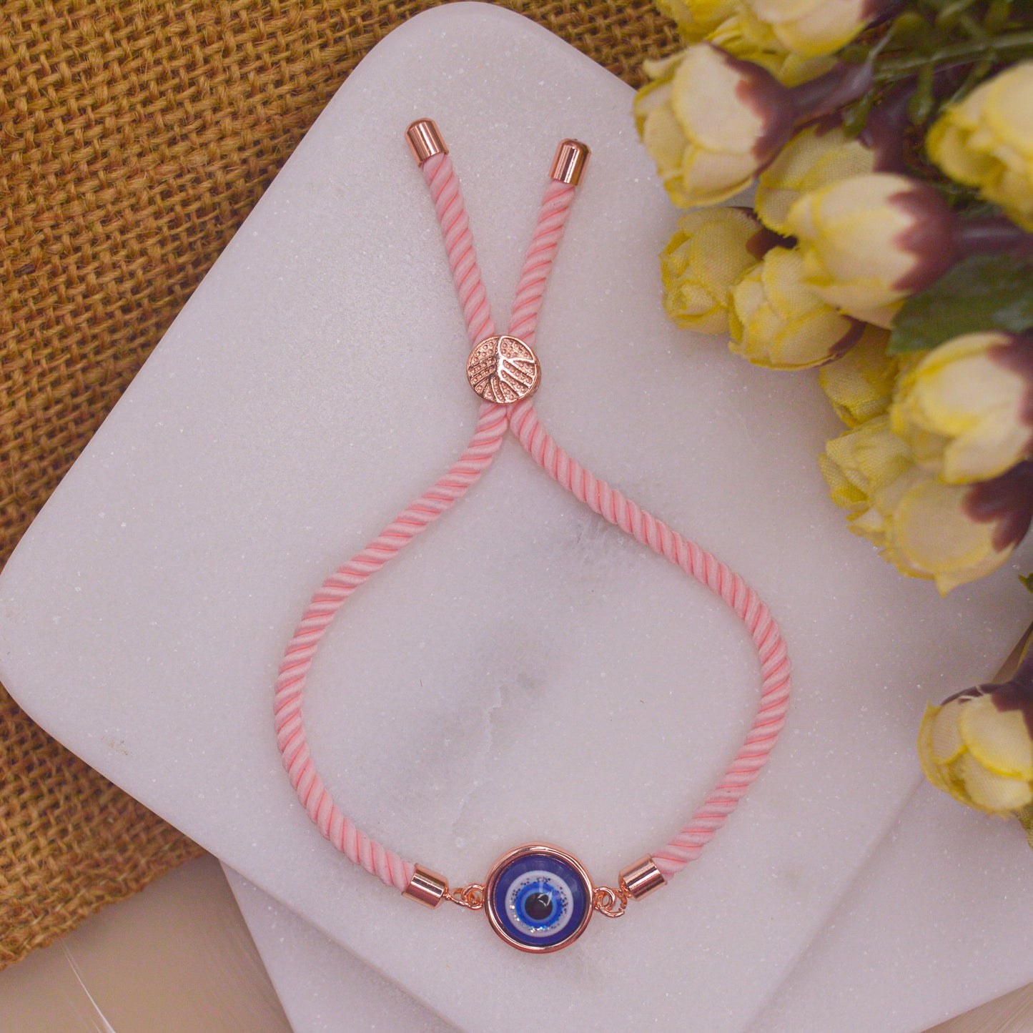 Simple Nazar Battu Blue Pearl Evil Eye Bracelet with Band - Rose Gold
