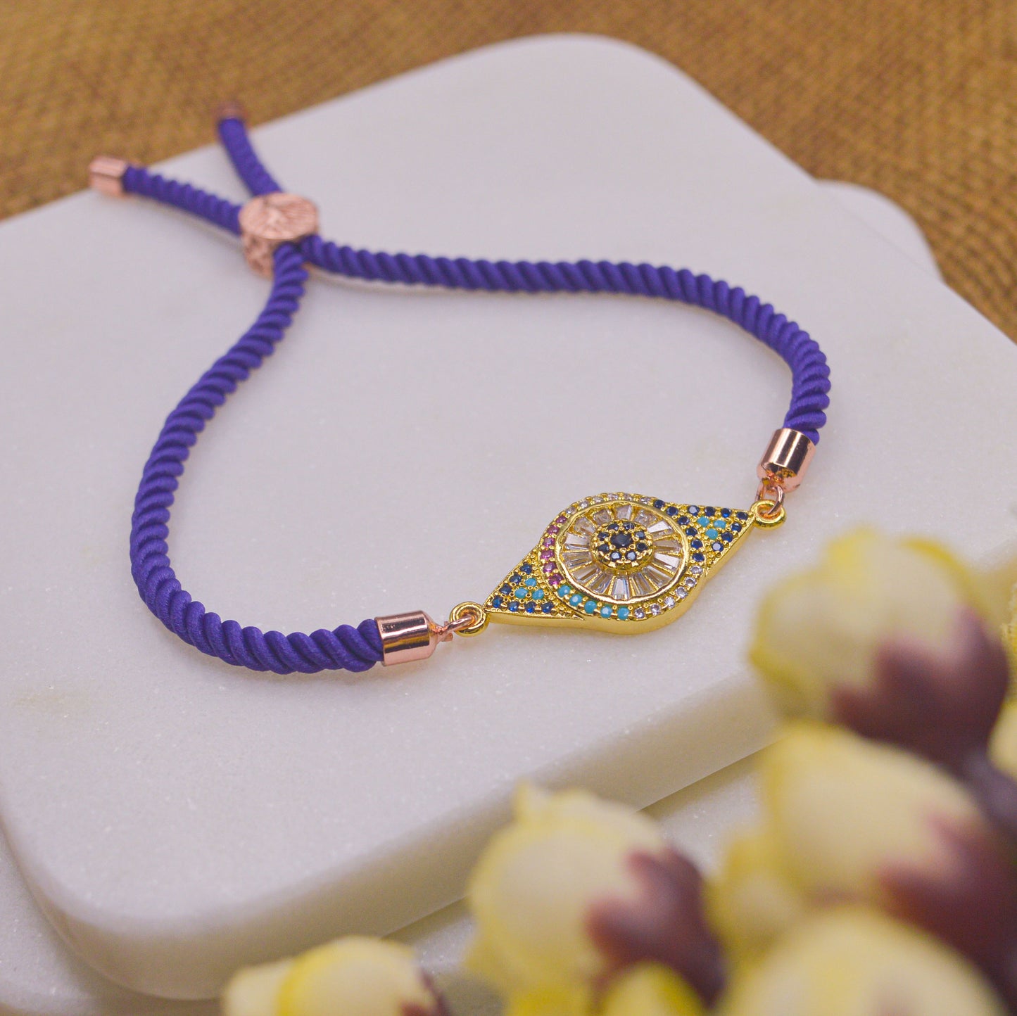 Blue Studded Evil Eye Bracelet with Purple Blue Band - Rose Gold