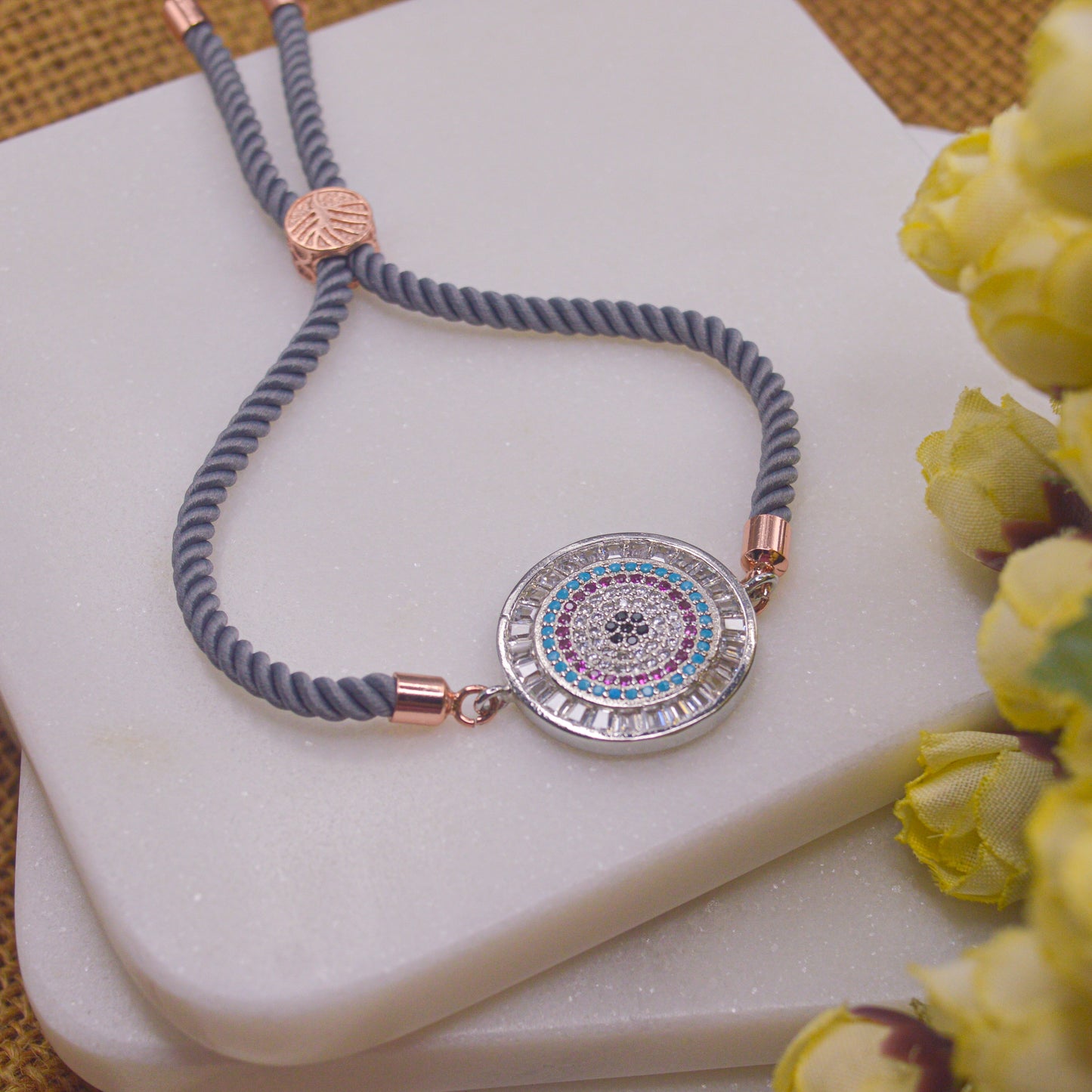Silver Stylish Evil Eye Bracelet with Grey Band
