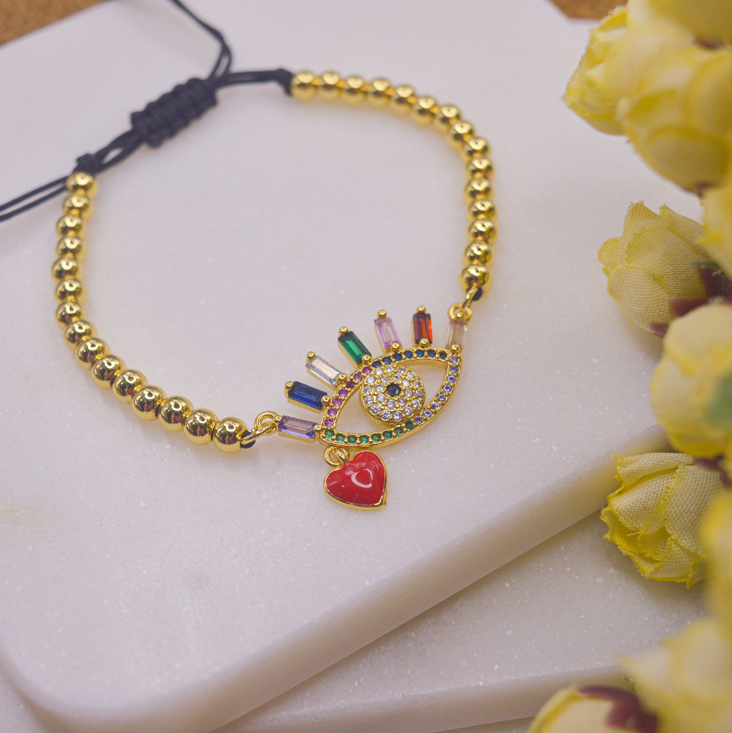 Gold Beaded Red Heart Evil Eye Bracelet - Gold