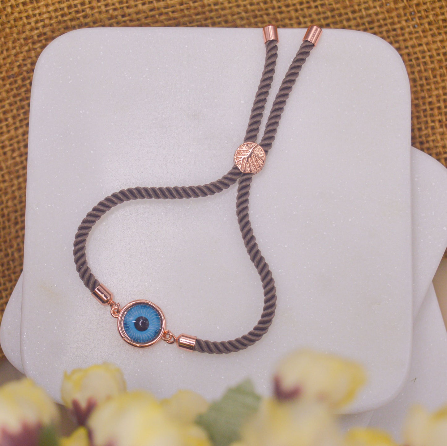 Water Blue Evil Eye Bracelet in Brown Band - Silver