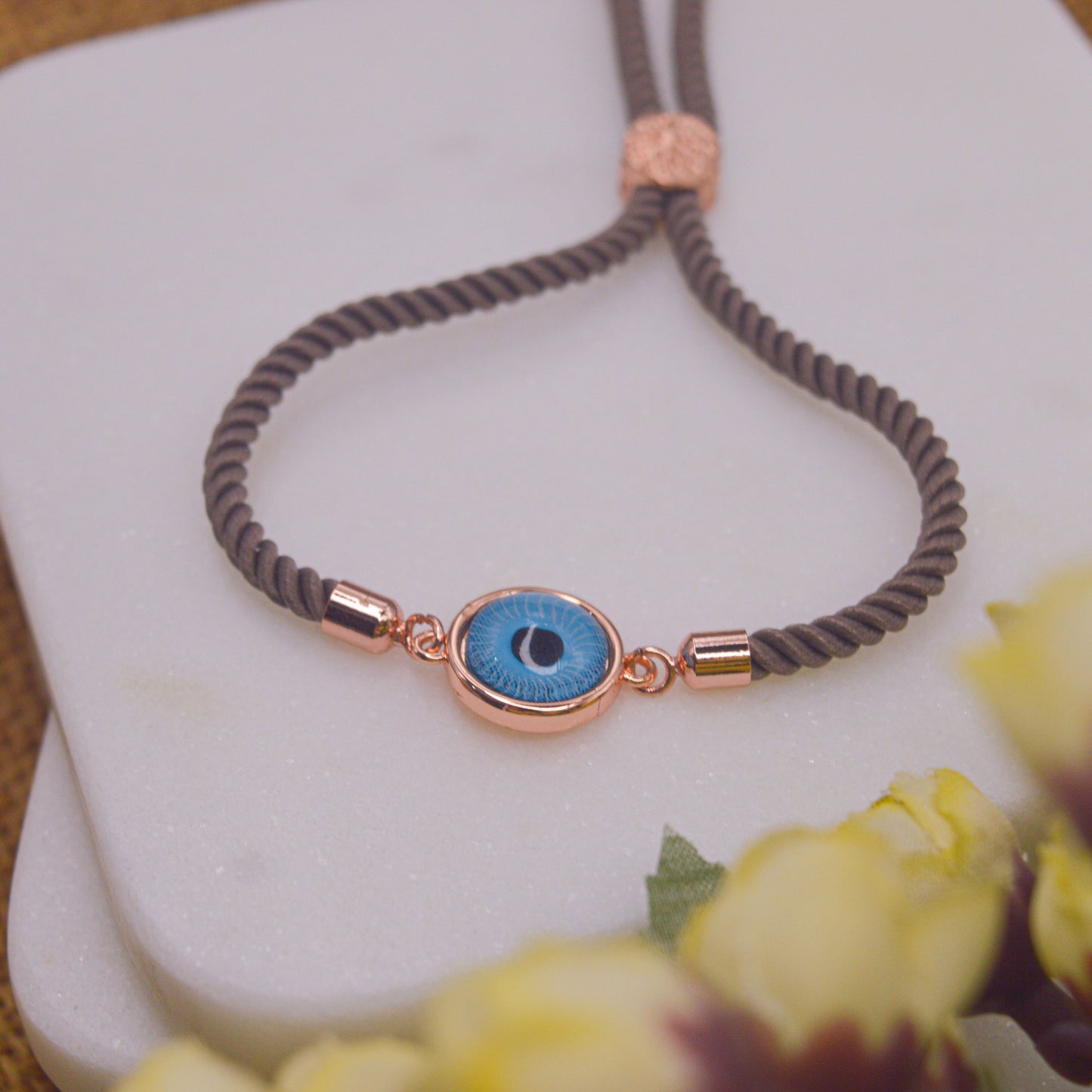 Water Blue Evil Eye Bracelet in Brown Band - Silver