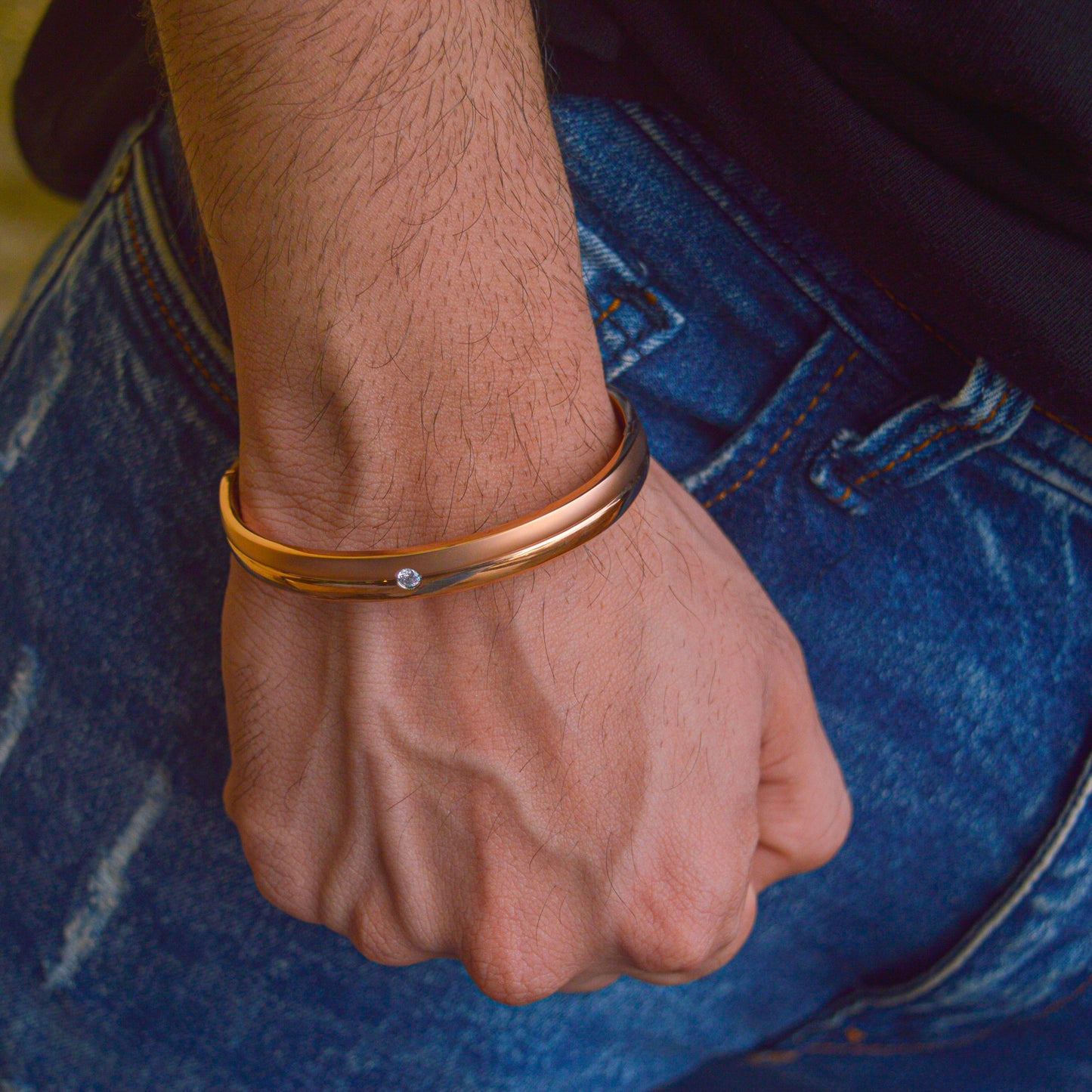 Men Rose Gold Dual Tone Studded Kadha Bangle Bracelet