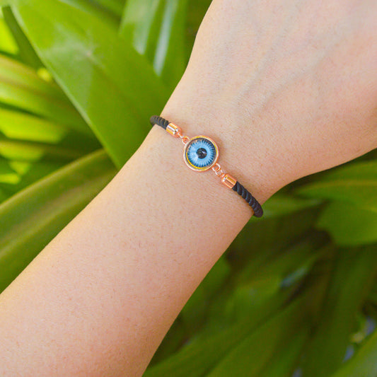 Turquoise Evil Eye Black Band Bracelet (Rose Gold)