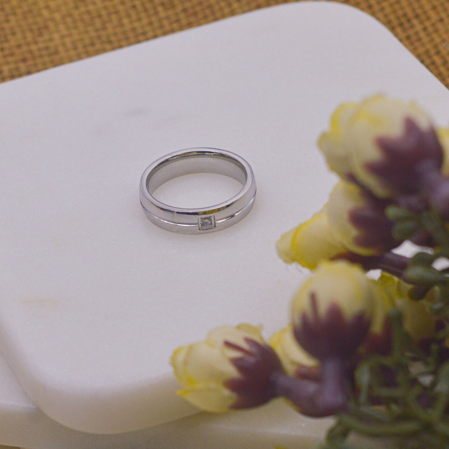 Silver Toned Diamond Couple Band Ring - Unisex