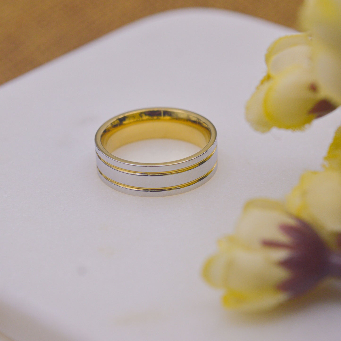 925 Silver in Gold Striped Couple Ring Band - Unisex /Men