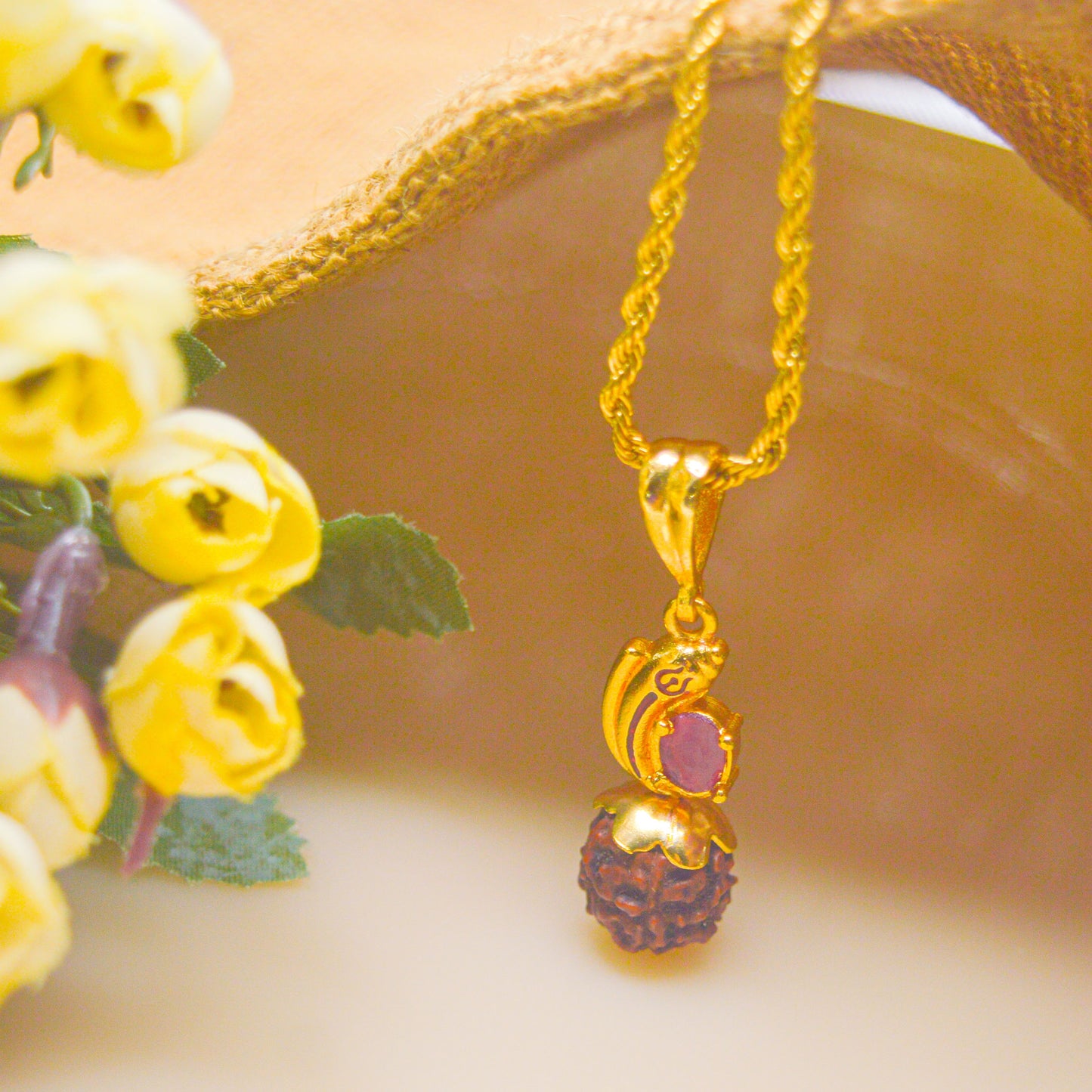 Ganesha Ruby Rudra Mukhi in Random 18k Plated Chain Necklace - Gold