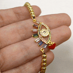 Gold Beaded Red Heart Evil Eye Bracelet - Gold