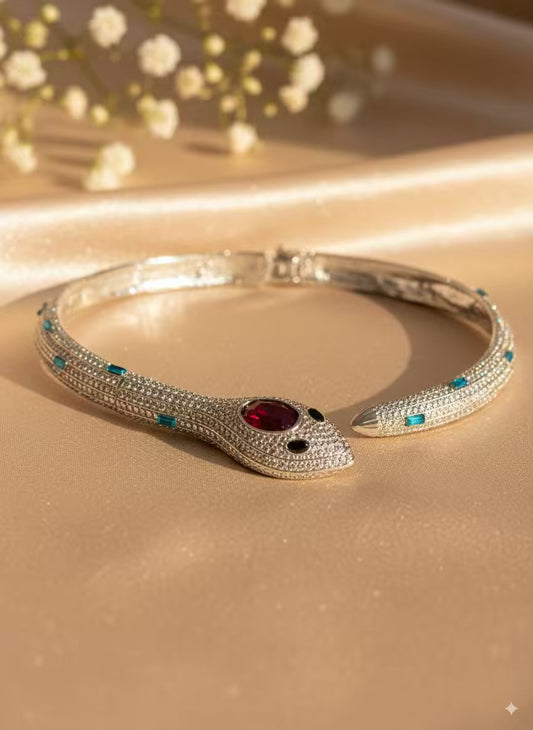 Red Ruby Blue Gemstone Snake Silver Scale Choker