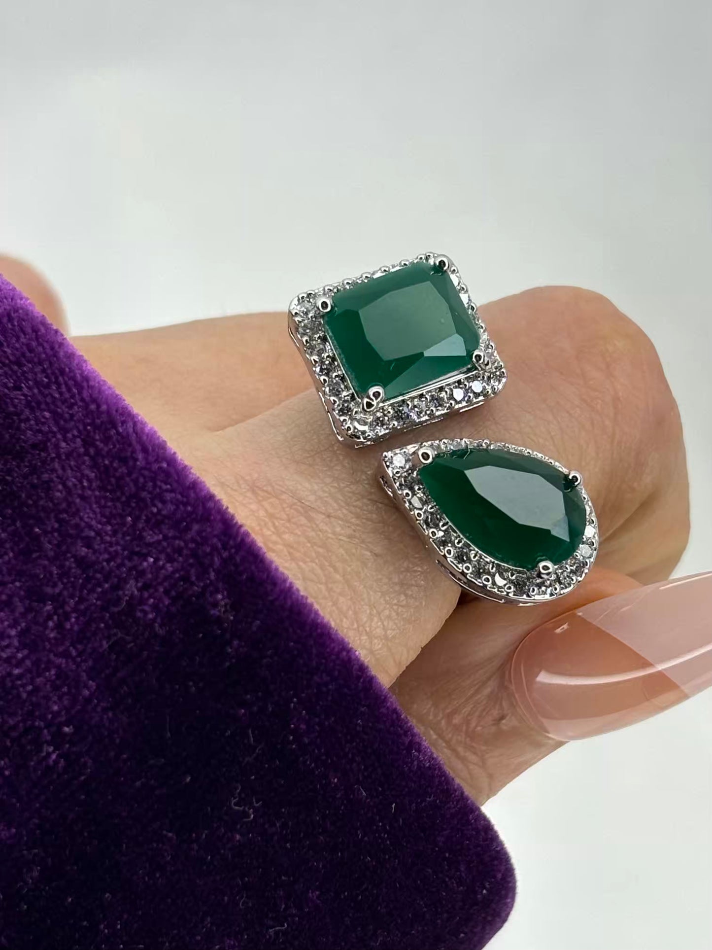 Emerald Green Dual Stone Ring - Adjustable