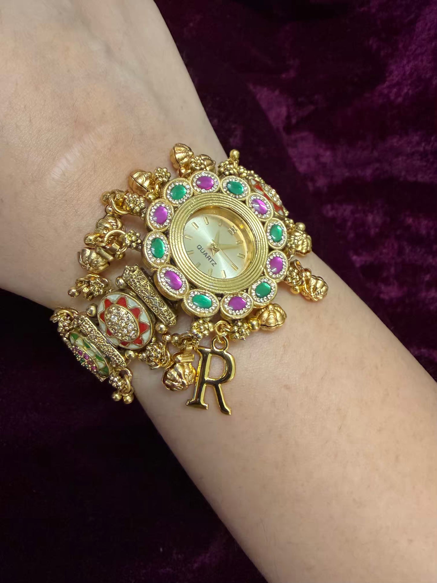 Premium Meenakari Lavender Emerald Heritage Watch Rakhi with Pastel Enamel (Free Initial)