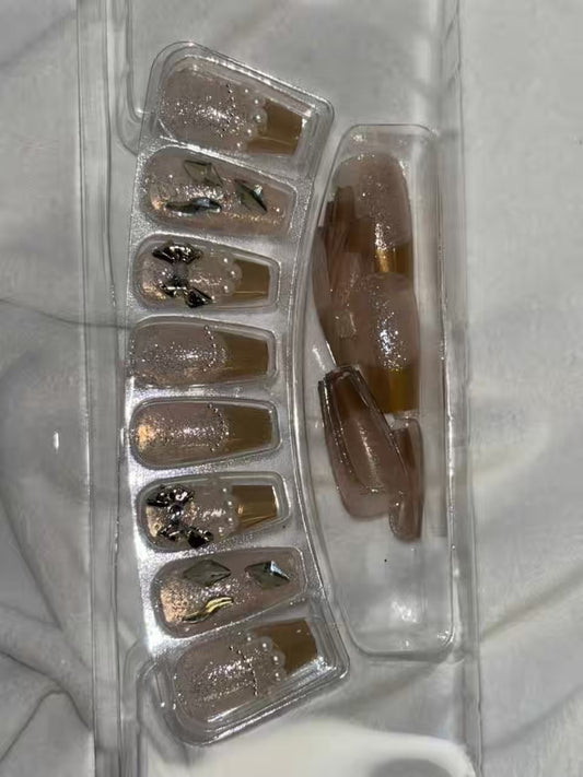 Gold Transparent French Shimmery Fancy Party Bridal Press On Nails ( Set of 24 )