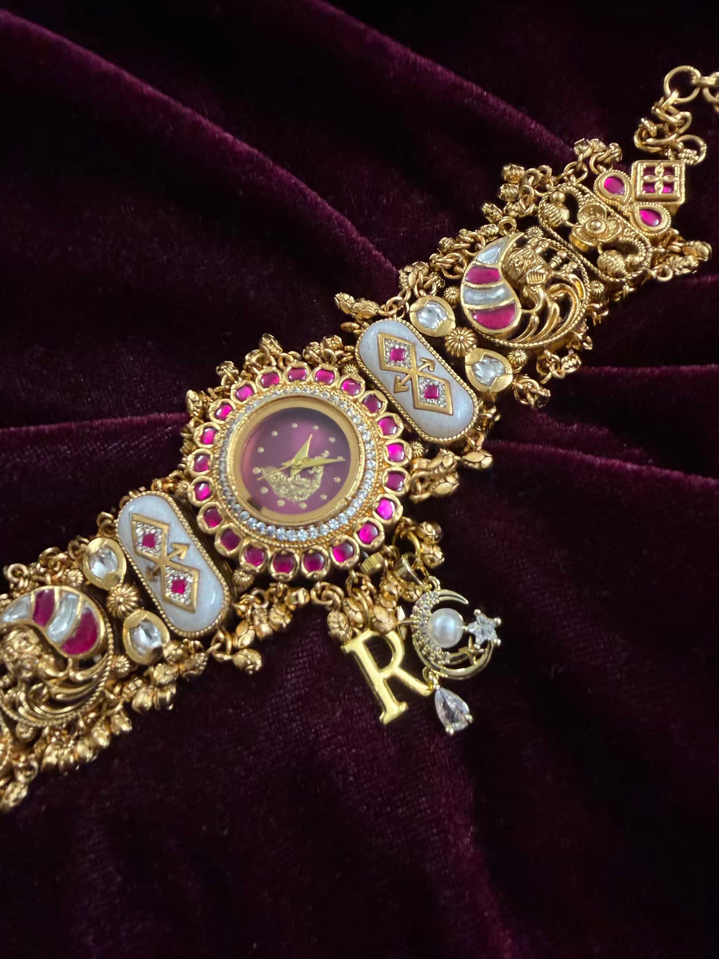 Burgundy Peacock Dial Maharani Watch Heritage Bracelet ( Add your initial FREE )