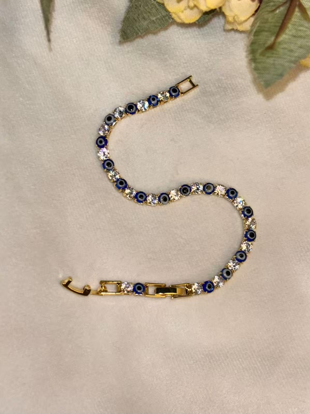 Blue Evil Eye Shining Solitaire Diamonds Tennis Bracelet - Gold Colour