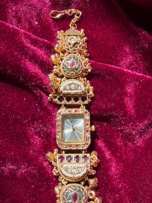 Noorika Rectangle Temple Motif Ruby Kundan Gold Plated Heritage Maharani Watch ( Partial COD 200₹ )