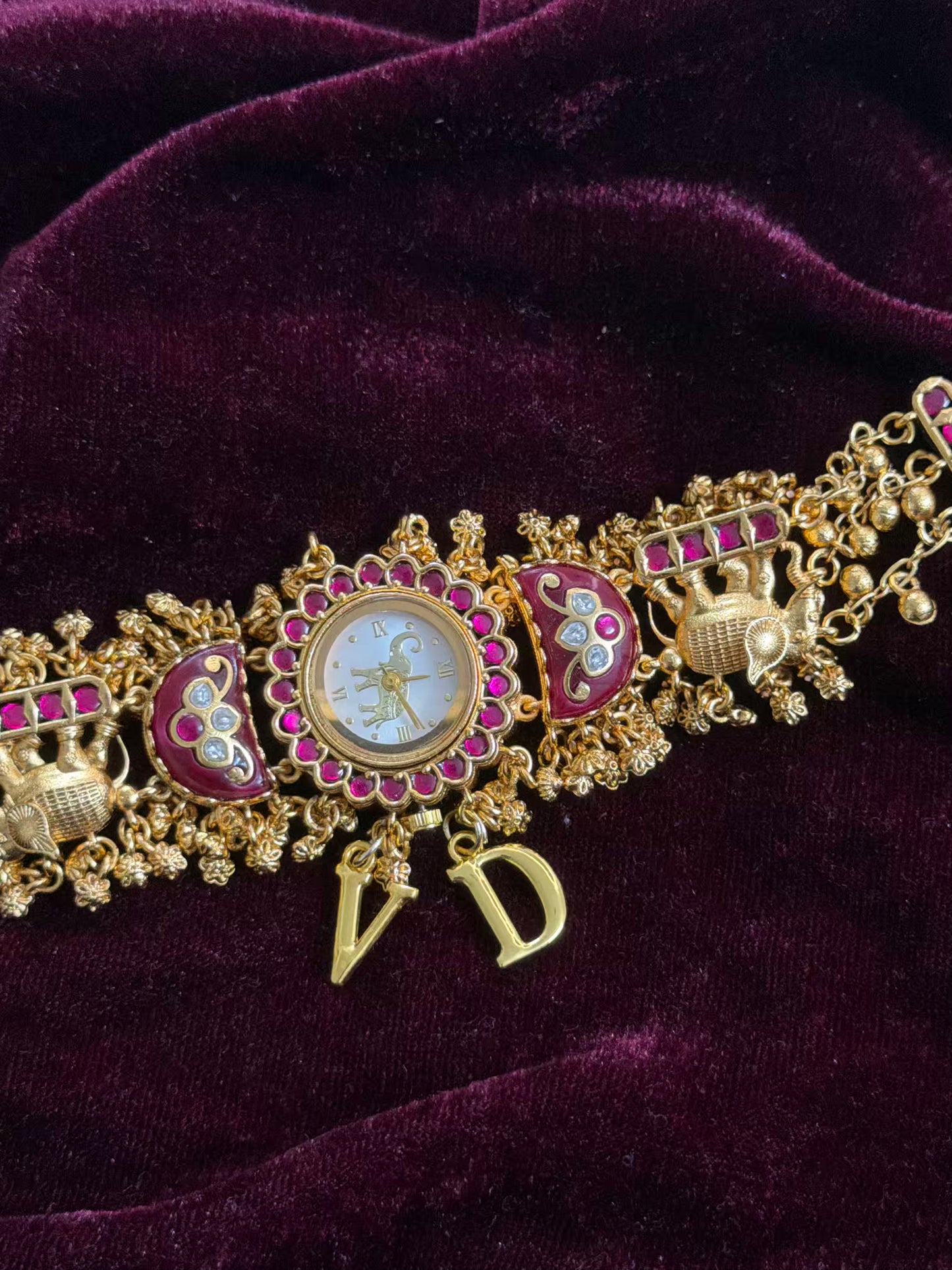 Green in Burgundy Dial Half Moon Maharani Watch Design Bracelet