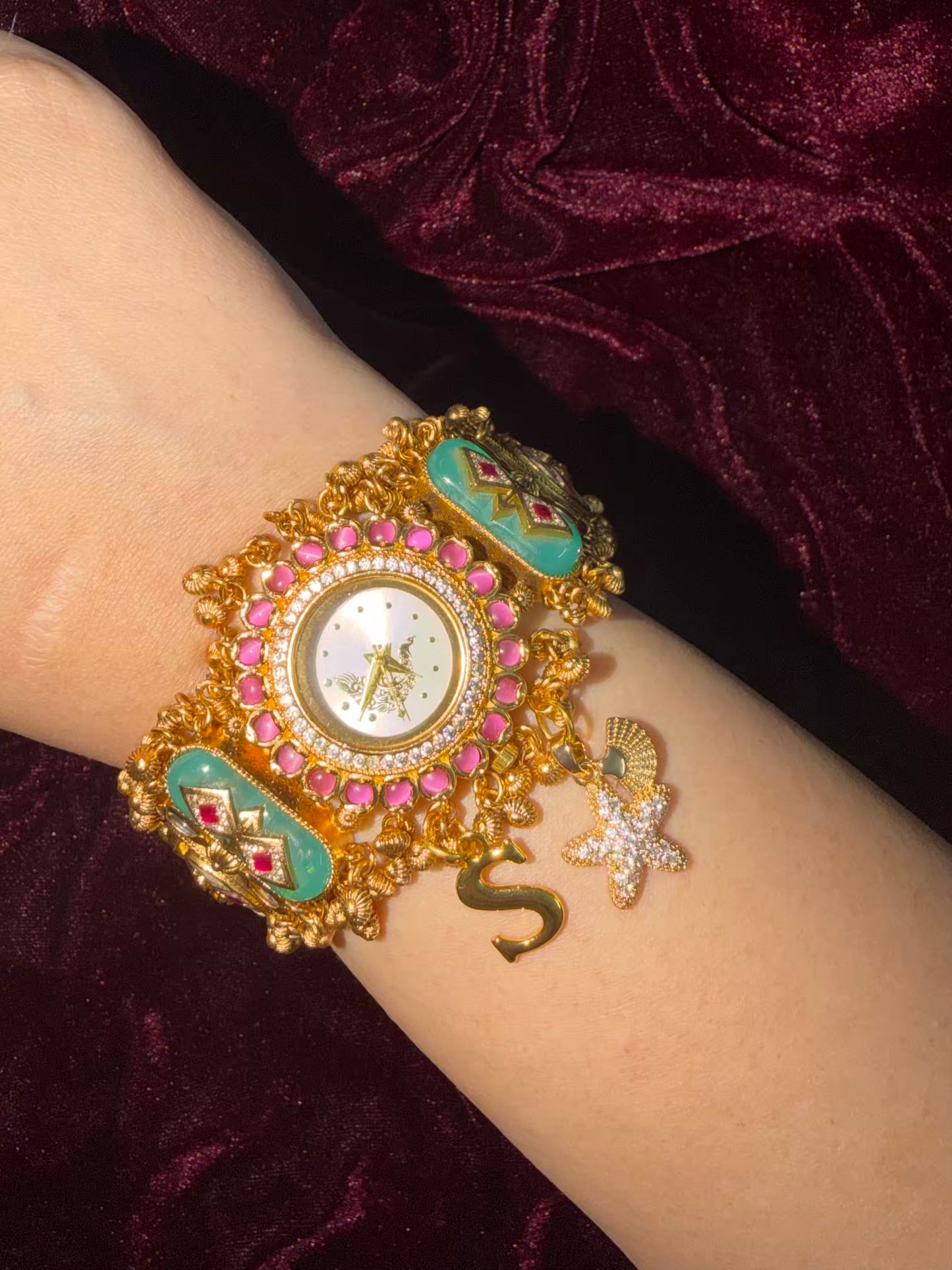 Pink Butterfly Peacock Dial Maharani Watch Heritage Bracelet ( Add your initial FREE )